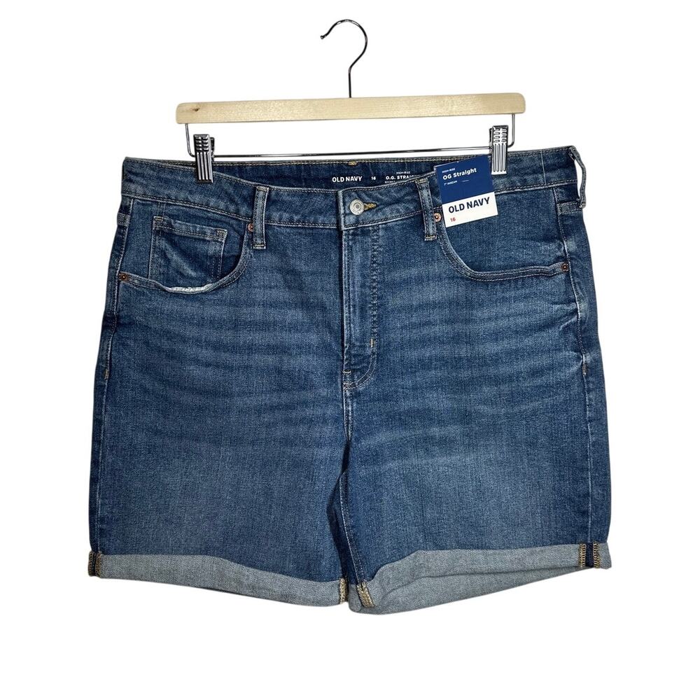 Old Navy High Waisted OG Straight Denim Shorts 7" Inseam Cuffed Blue Sz 16